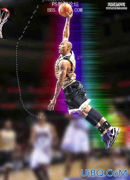 PS打造炫彩的闪烁光线的扣篮篮球运动员照片。