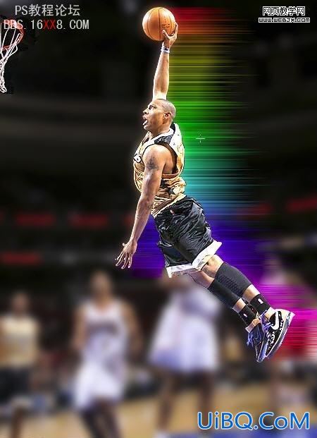 PS打造炫彩的闪烁光线的扣篮篮球运动员照片。