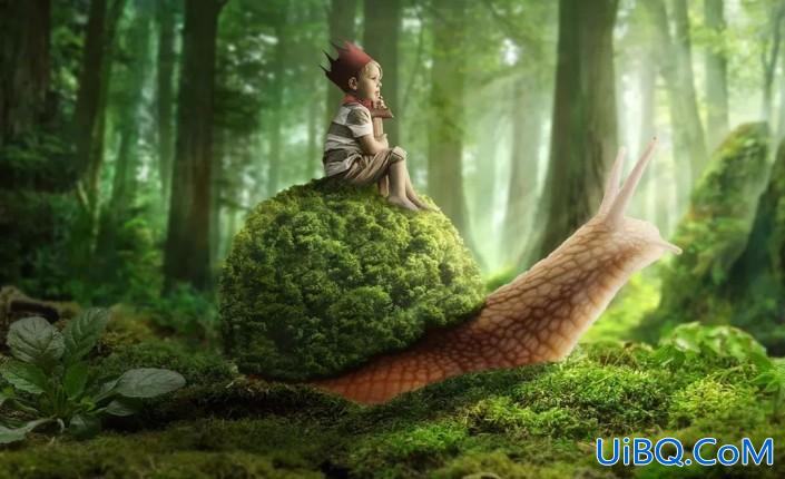 PS合成童话世界里的骑士国王小朋友，森林中的蜗牛骑士
