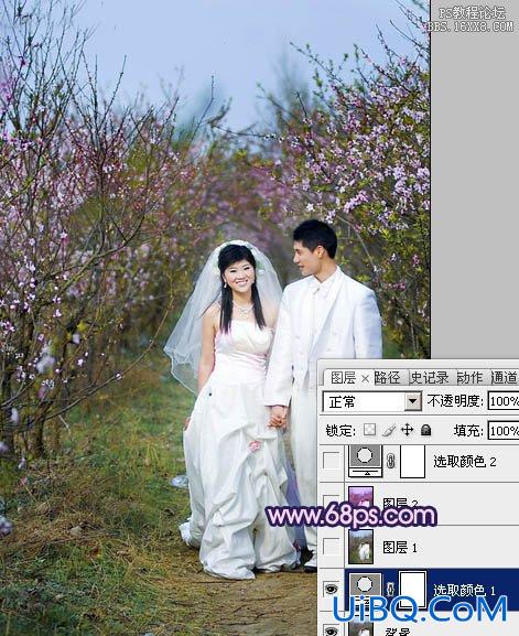 ps处理桃林婚纱照片艳丽的紫红色