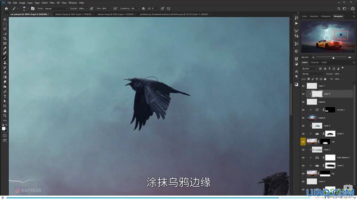 PS合成雷暴天气中兰博基尼跑车快速驶过的场景特效。