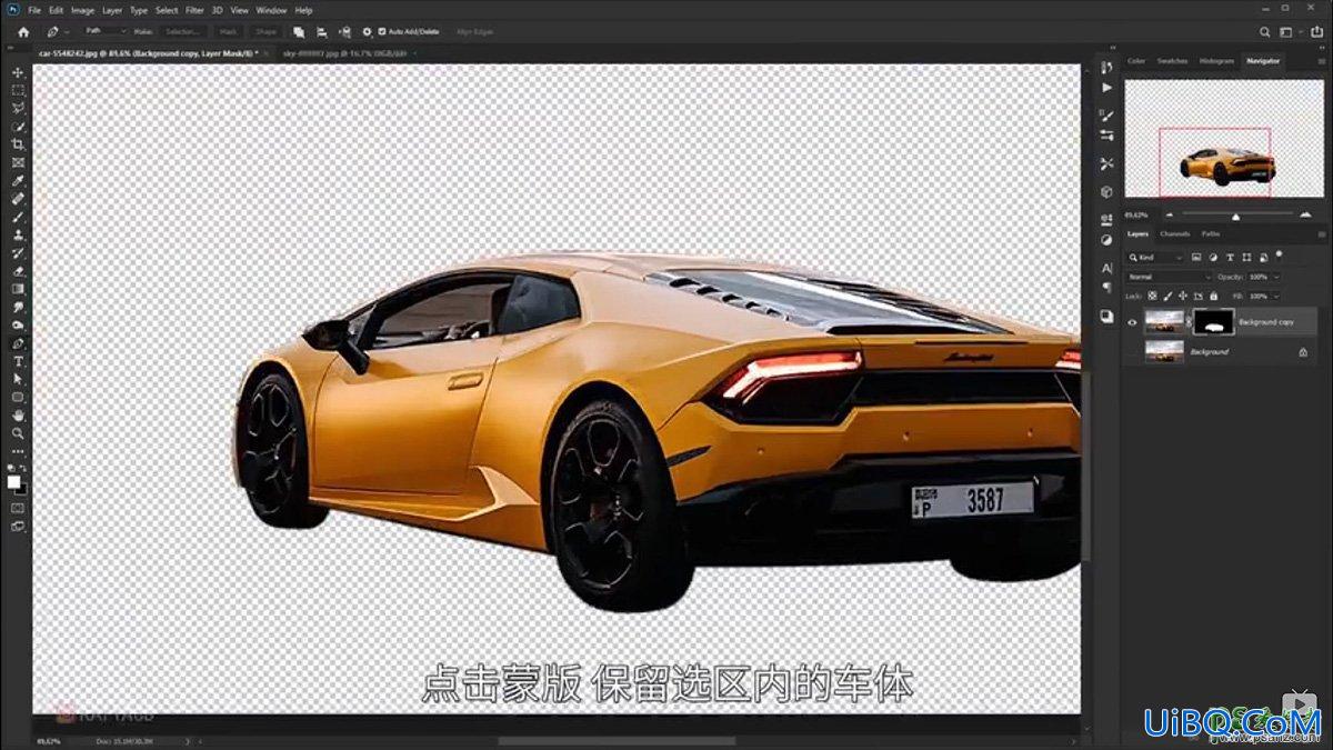 PS合成雷暴天气中兰博基尼跑车快速驶过的场景特效。