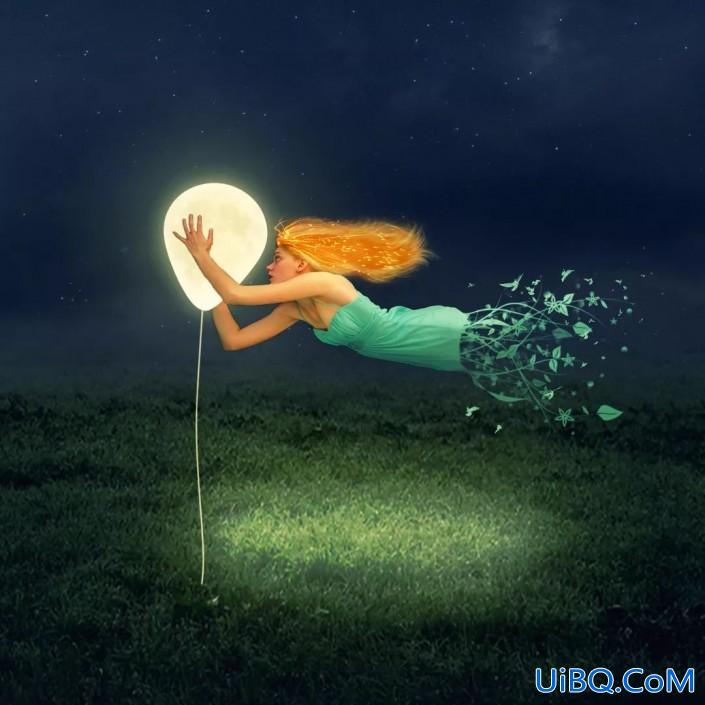 PS合成一幅美人鱼追逐月光气球的奇幻场景特效图片。