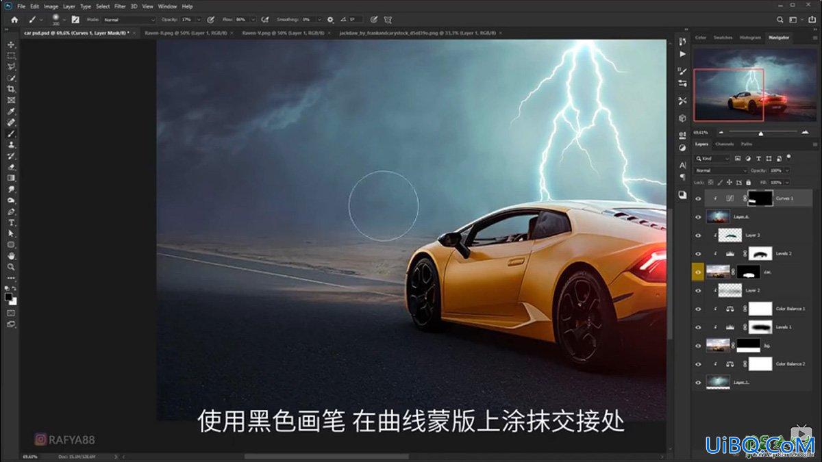 PS合成雷暴天气中兰博基尼跑车快速驶过的场景特效。