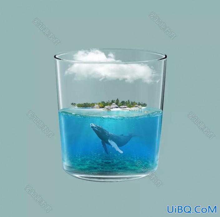PS合成玻璃杯中的海洋场景，奇幻的海洋世界画面。