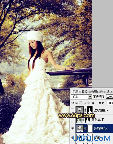 ps给树林美女婚纱照片增加梦幻的黄蓝色