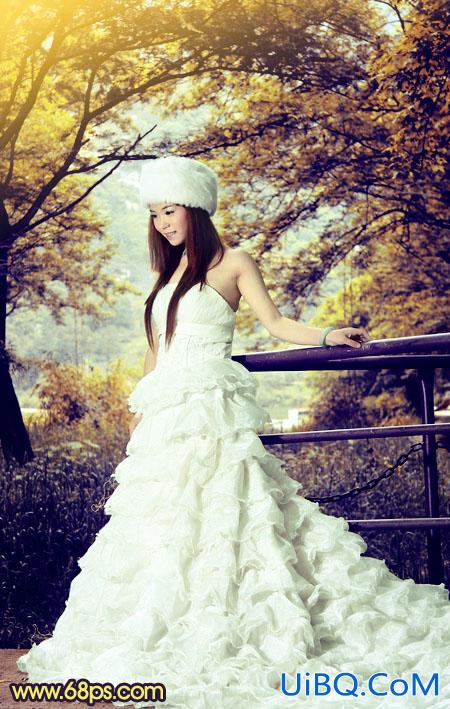 ps给树林美女婚纱照片增加梦幻的黄蓝色