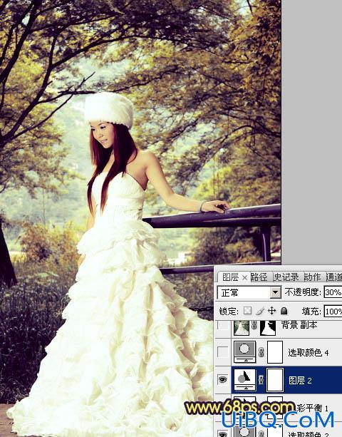 ps给树林美女婚纱照片增加梦幻的黄蓝色