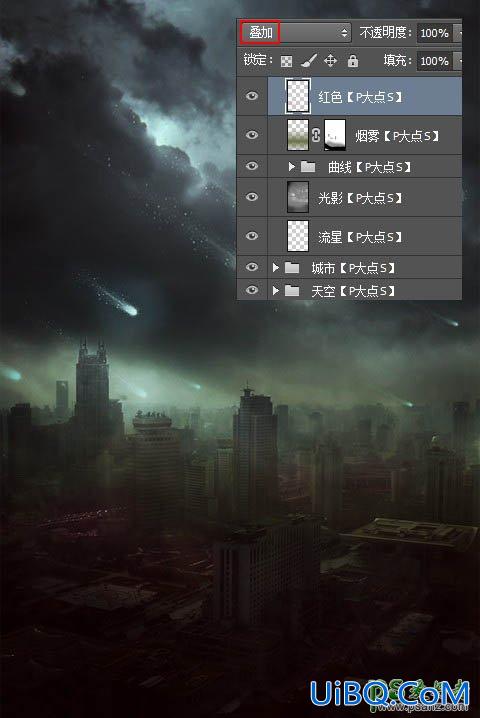 PS创意合成灾难电影中流星袭击城市的场景。