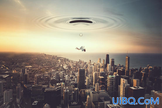 PS合成一幅人物从天空中穿越到一个新的城市科幻场景。