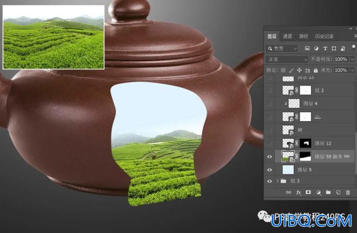 创意场景，合成紫砂壶中的生态茶山世界