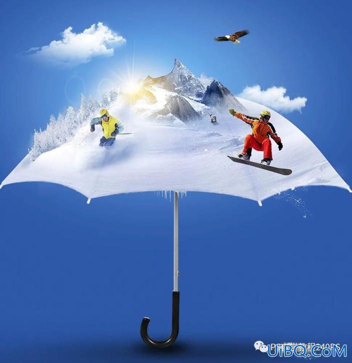 创意合成，合成雨伞上的冬季滑雪运动场景