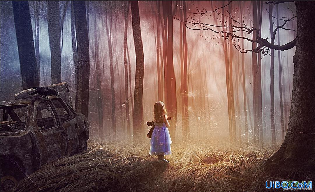 PS创意合成梦幻森林中迷失的小孩儿场景,森林里迷路的小女