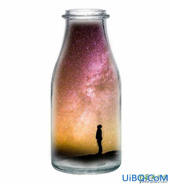 Photoshop创意合成教程：学习把一幅梦幻星空场景图片合成到瓶子里。