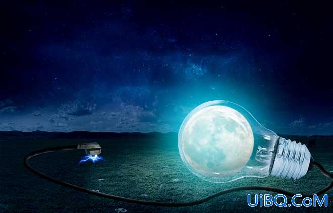 Photoshop创意合成一个月球灯泡,照亮黑夜里的草原,合成草地上的灯泡。