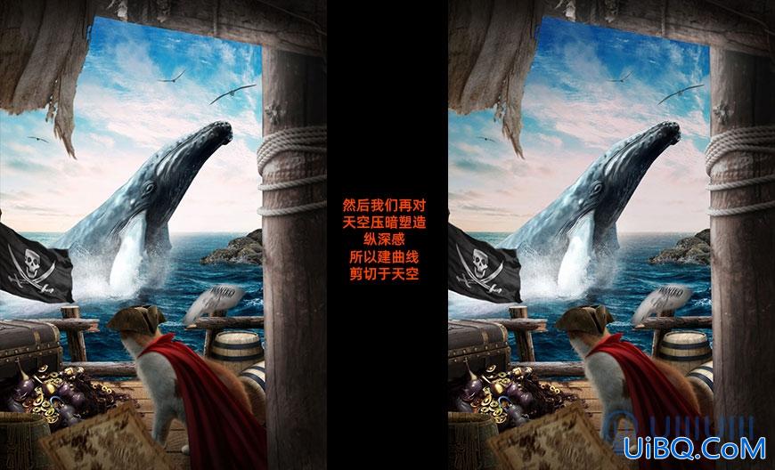 Photoshop合成教程：创意设计鲸鱼和小猫海盗相遇的壮观场景。