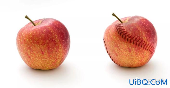 Photoshop把苹果和棒球照片快速合成到一起,形成缝缝补补的苹果效果。