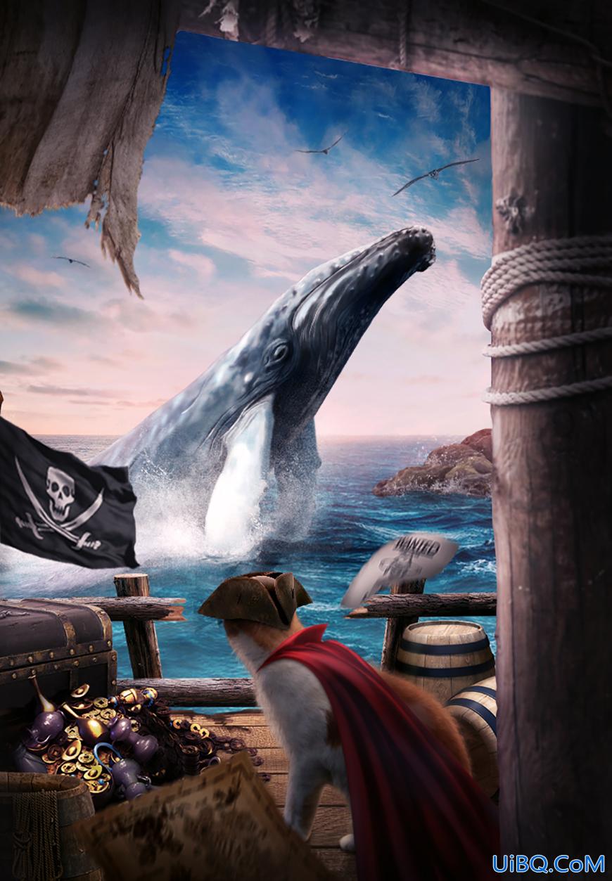 Photoshop合成教程：创意设计鲸鱼和小猫海盗相遇的壮观场景。