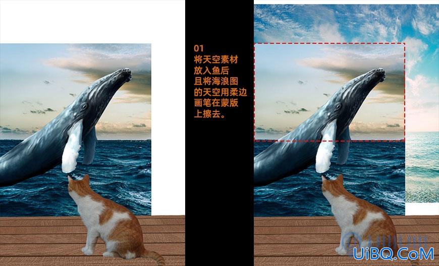 Photoshop合成教程：创意设计鲸鱼和小猫海盗相遇的壮观场景。