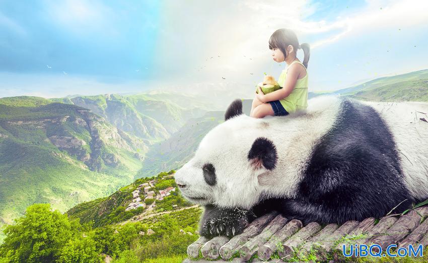 PS创意合成在大自然中小女孩儿与大熊猫亲和的场景