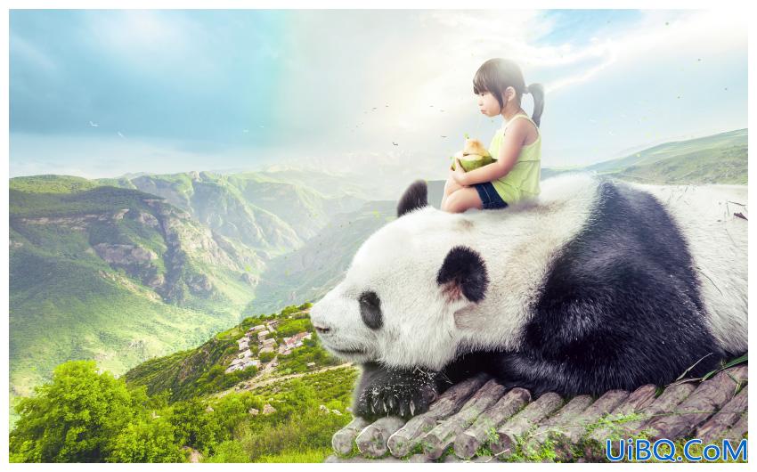PS创意合成在大自然中小女孩儿与大熊猫亲和的场景