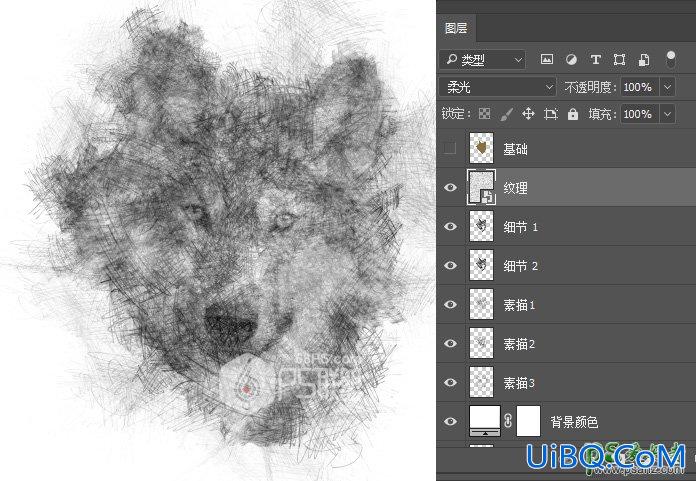 PS手工制作漂亮的铅笔画效果的狼头像，涂鸦素描野狼头像