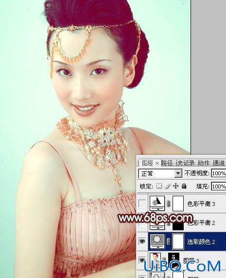 ps处理写真人物图片甜美的粉青色