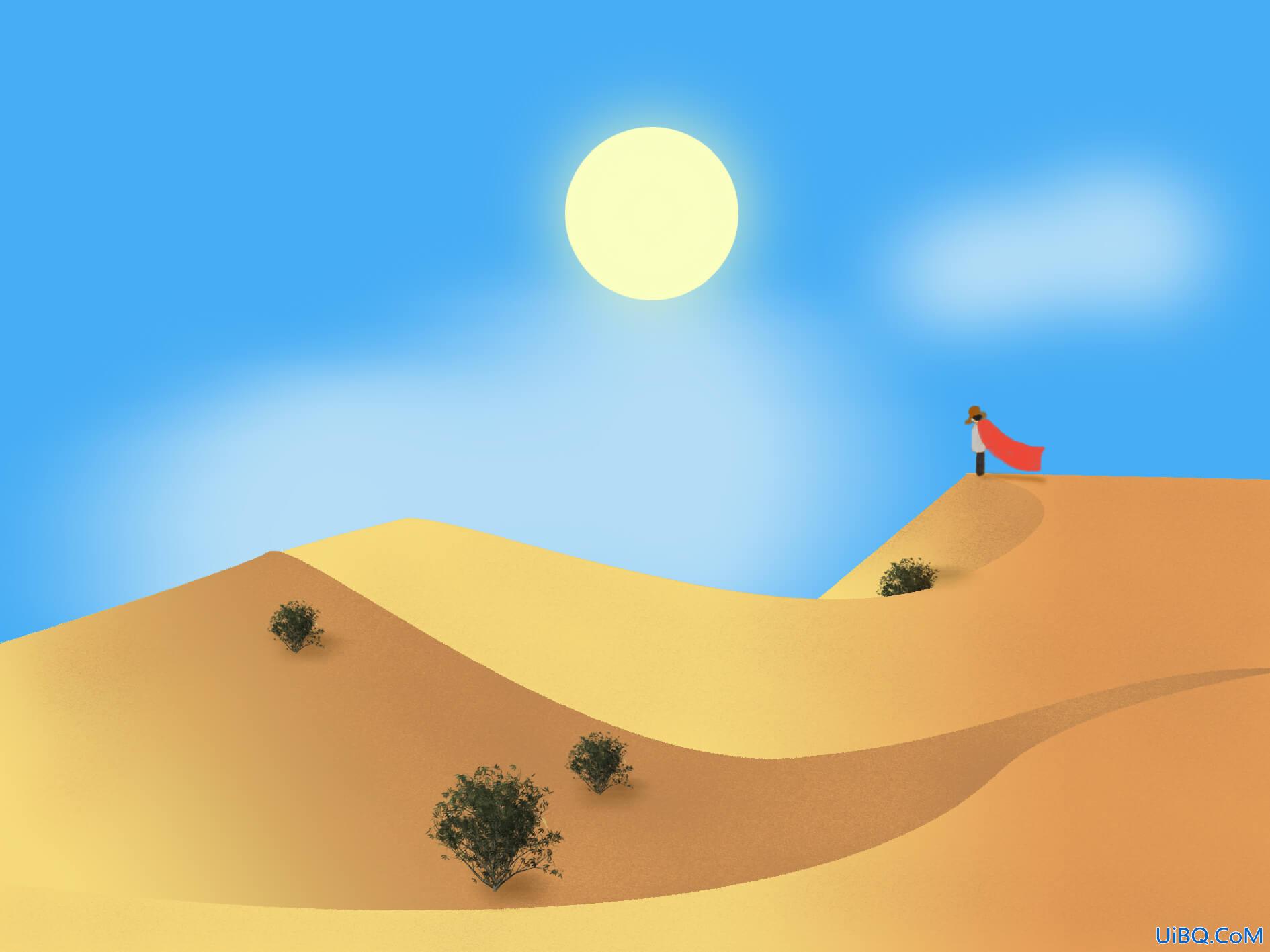 PS鼠绘教程实例：学习用钢笔工具绘制一幅卡通沙漠图。