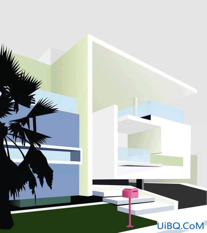 PS手工绘制扁平化风格的建筑物插画图片。