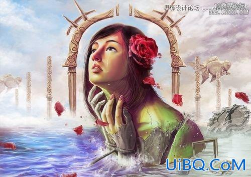 ps绘制在大海中哭诉的美丽女孩