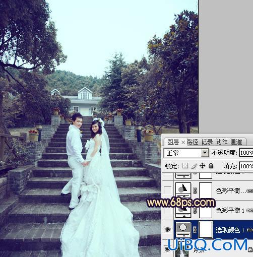 ps给公园婚纱照片加上柔和的暗调蓝紫色