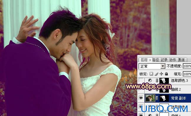 ps给古建筑婚片加上柔美的黄紫色