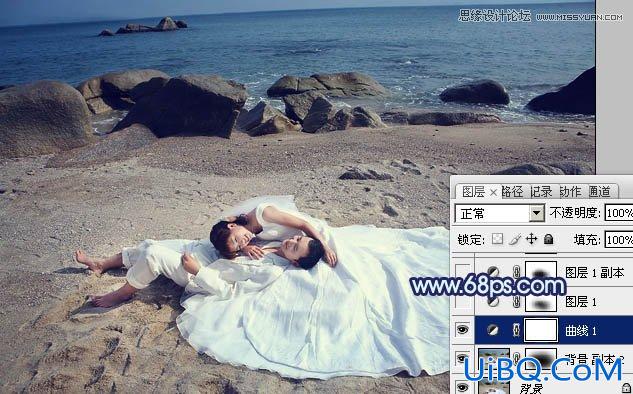 ps调出紫色调海边婚纱照