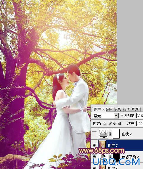 ps为树林婚片添加柔美的黄紫色