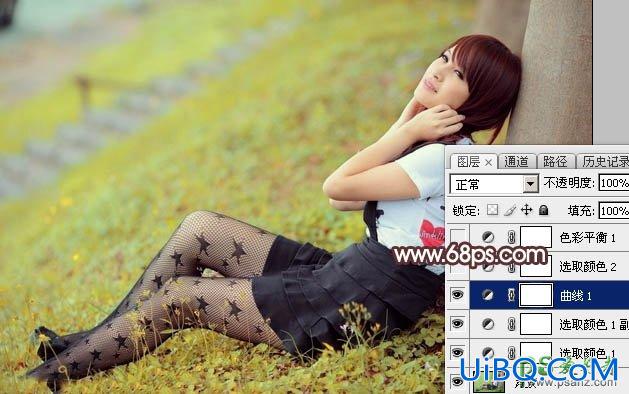 PS给黑丝网袜mm户外写真图片调出大气的韩系淡调黄褐色