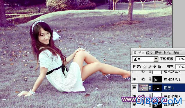 ps调出外景MM图片淡淡甜美的青紫色