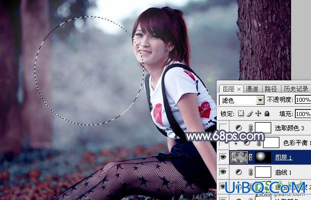PS给笑容灿烂的甜美女孩儿生活照调出流行暗调蓝红色效果