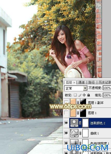 PS给村间小路上自拍的阳光女孩儿艺术照调出绚丽的秋季色