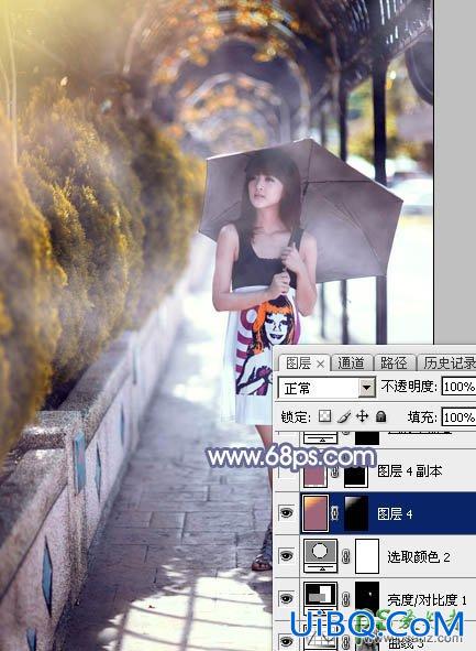 PS给街景自拍的性感美女唯美意境图片调出浓厚的秋季色彩