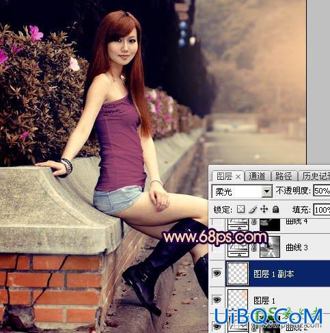 PS给景区里性感的美女照片调出温暖的紫黄色-高对比晨曦色