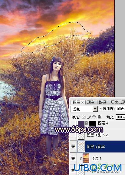 PS给荒野中自拍的性感欧美美女唯美照片调出温暖的霞光色