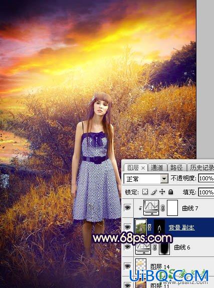 PS给荒野中自拍的性感欧美美女唯美照片调出温暖的霞光色