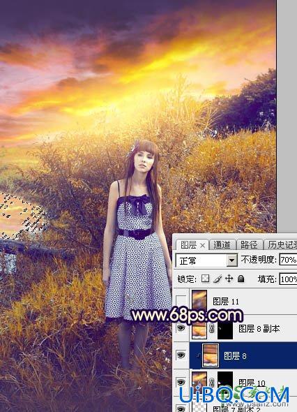 PS给荒野中自拍的性感欧美美女唯美照片调出温暖的霞光色