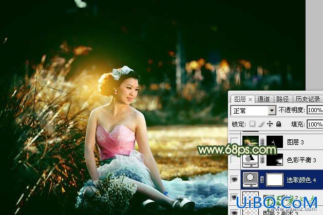 PS给绿草地上的唯美女生婚纱照调出漂亮的高对比度秋景色