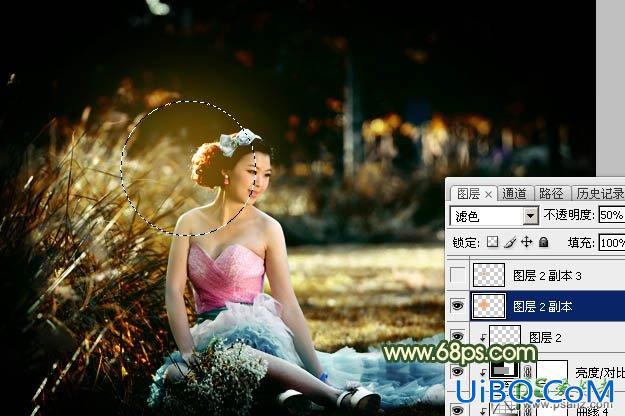 PS给绿草地上的唯美女生婚纱照调出漂亮的高对比度秋景色