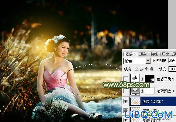 PS给绿草地上的唯美女生婚纱照调出漂亮的高对比度秋景色