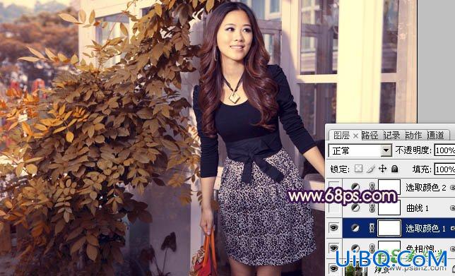 PS给阳台上自拍的美少妇写真照调出流行的秋季紫红色调