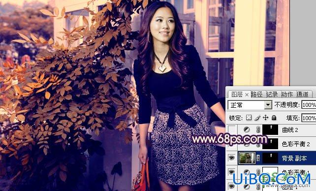 PS给阳台上自拍的美少妇写真照调出流行的秋季紫红色调