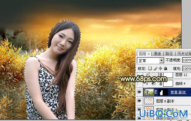 PS给山野绿竹边的甜美少妇写真图片调出唯美的秋景效果