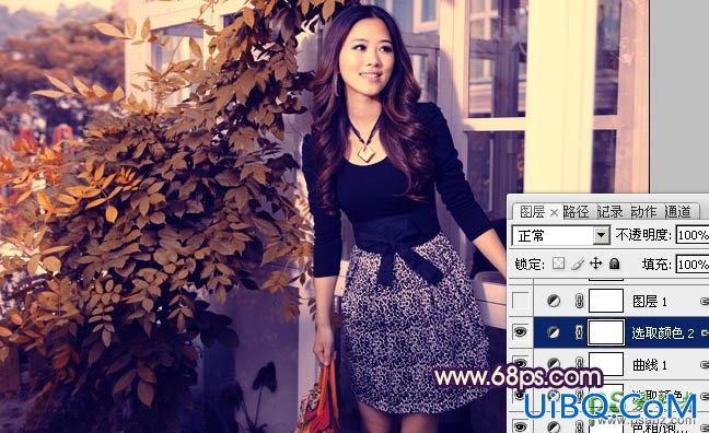 PS给阳台上自拍的美少妇写真照调出流行的秋季紫红色调